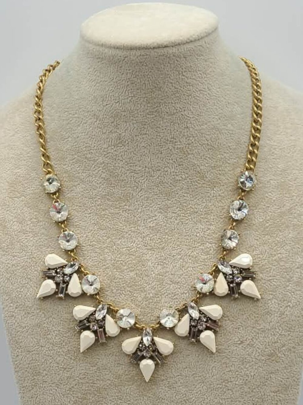 J Crew Gold Tone Clear Crystal White Resin Necklace